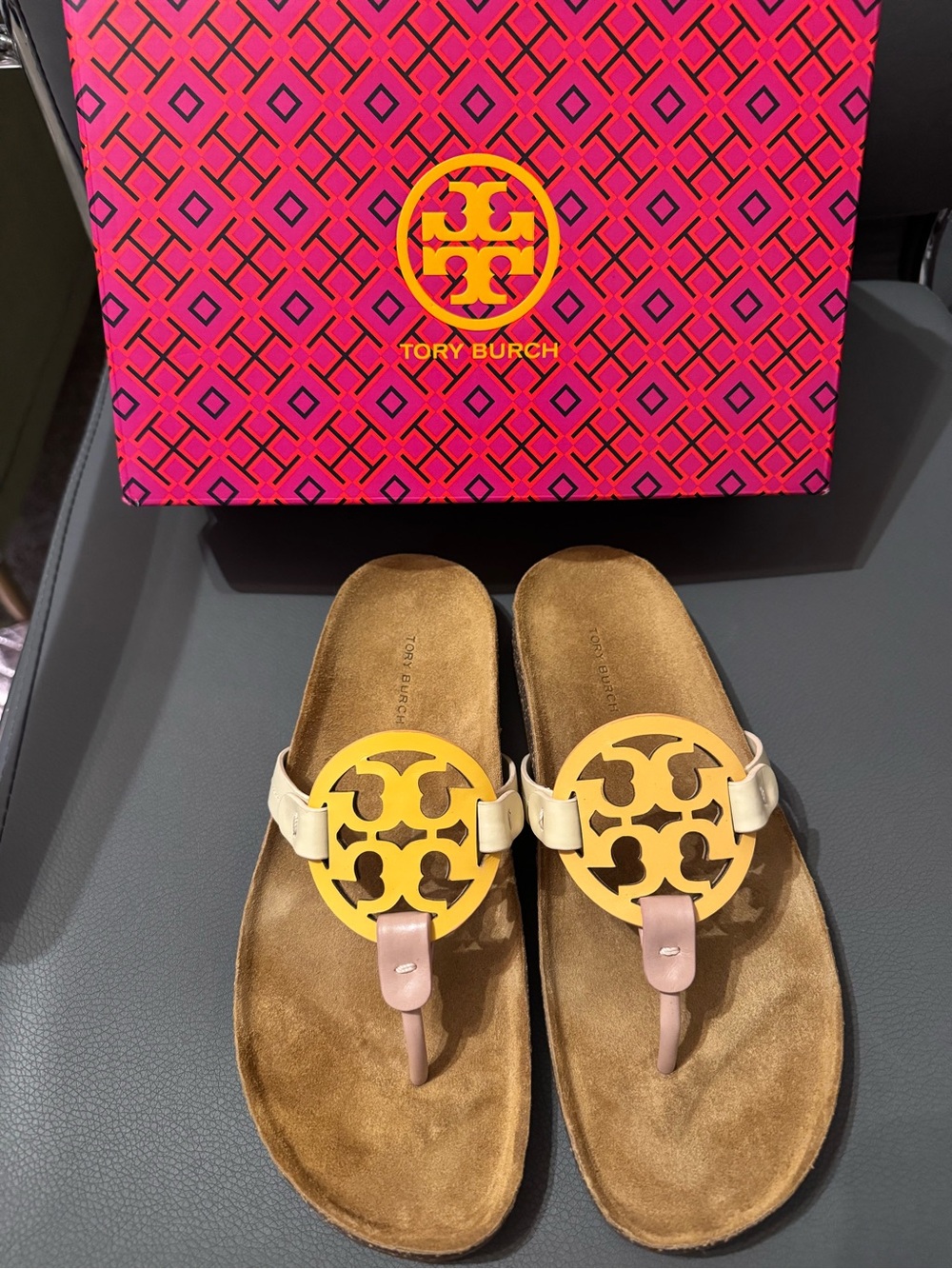 Tory Burch Gold Logo Cream and Pink Toe-Post Sandals